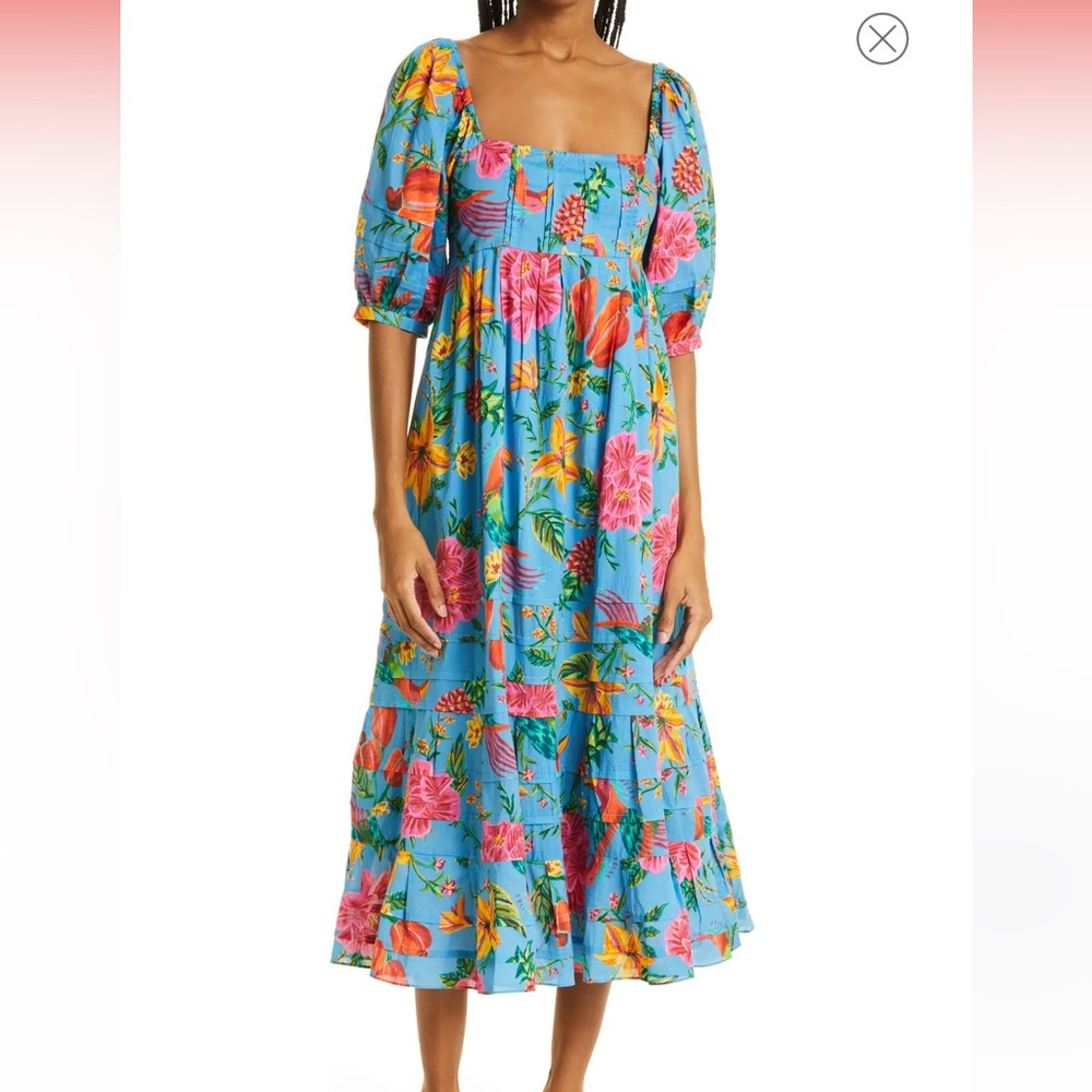 NEW NWT Farm Rio Toucan Garden midi dress pink and blue Size M